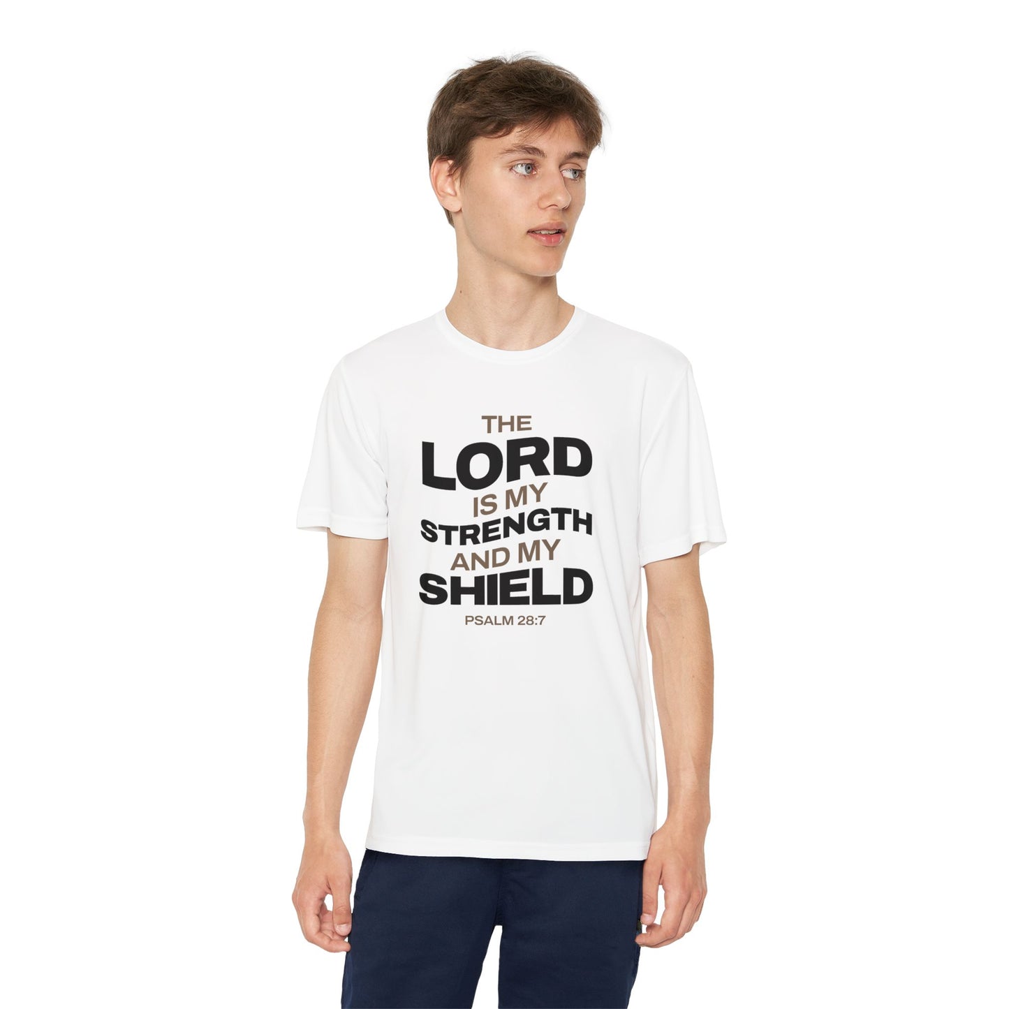 "The Lord Is My Strength and My Shield Psalm 28:7" Unisex Youth Competitor Tee - The Shield of Light