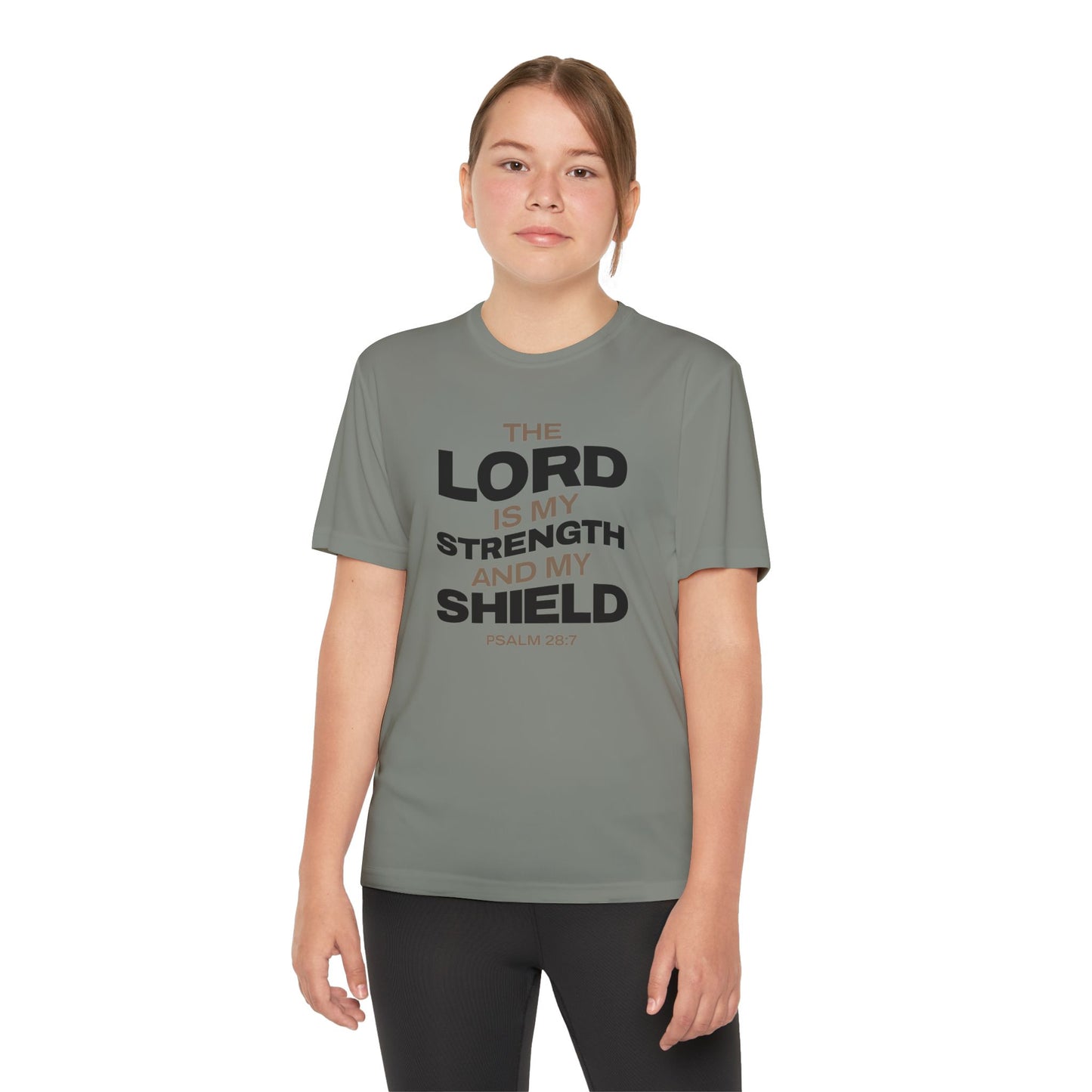 "The Lord Is My Strength and My Shield Psalm 28:7" Unisex Youth Competitor Tee - The Shield of Light