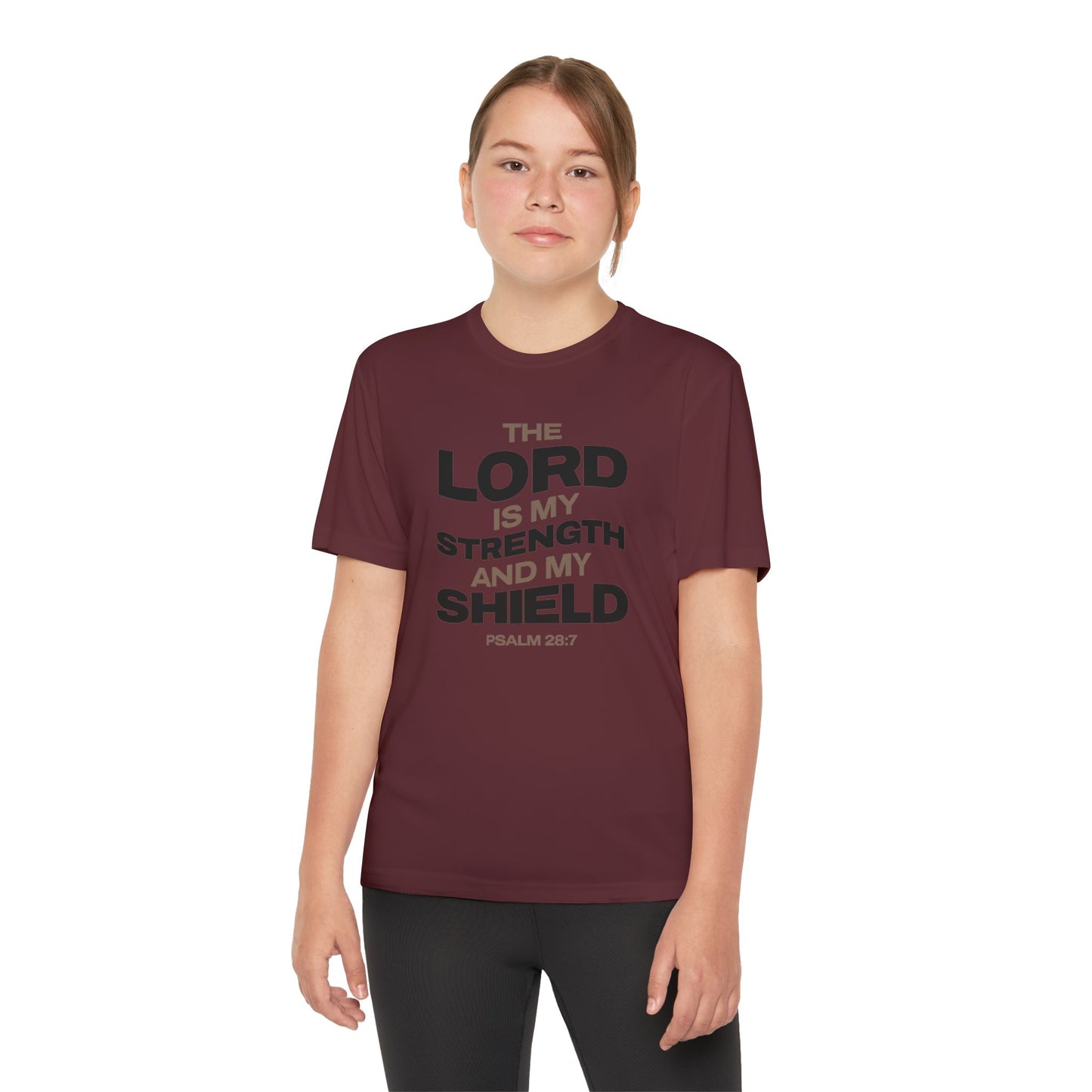 "The Lord Is My Strength and My Shield Psalm 28:7" Unisex Youth Competitor Tee - The Shield of Light