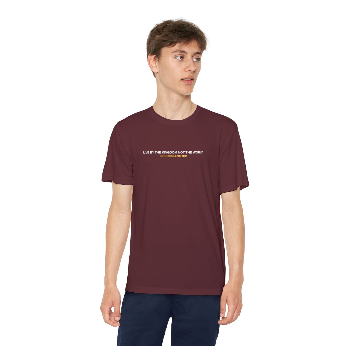 "Live By the Kingdom Not the World Colossians 3:2" Unisex Youth Competitor Tee - The Shield of Light
