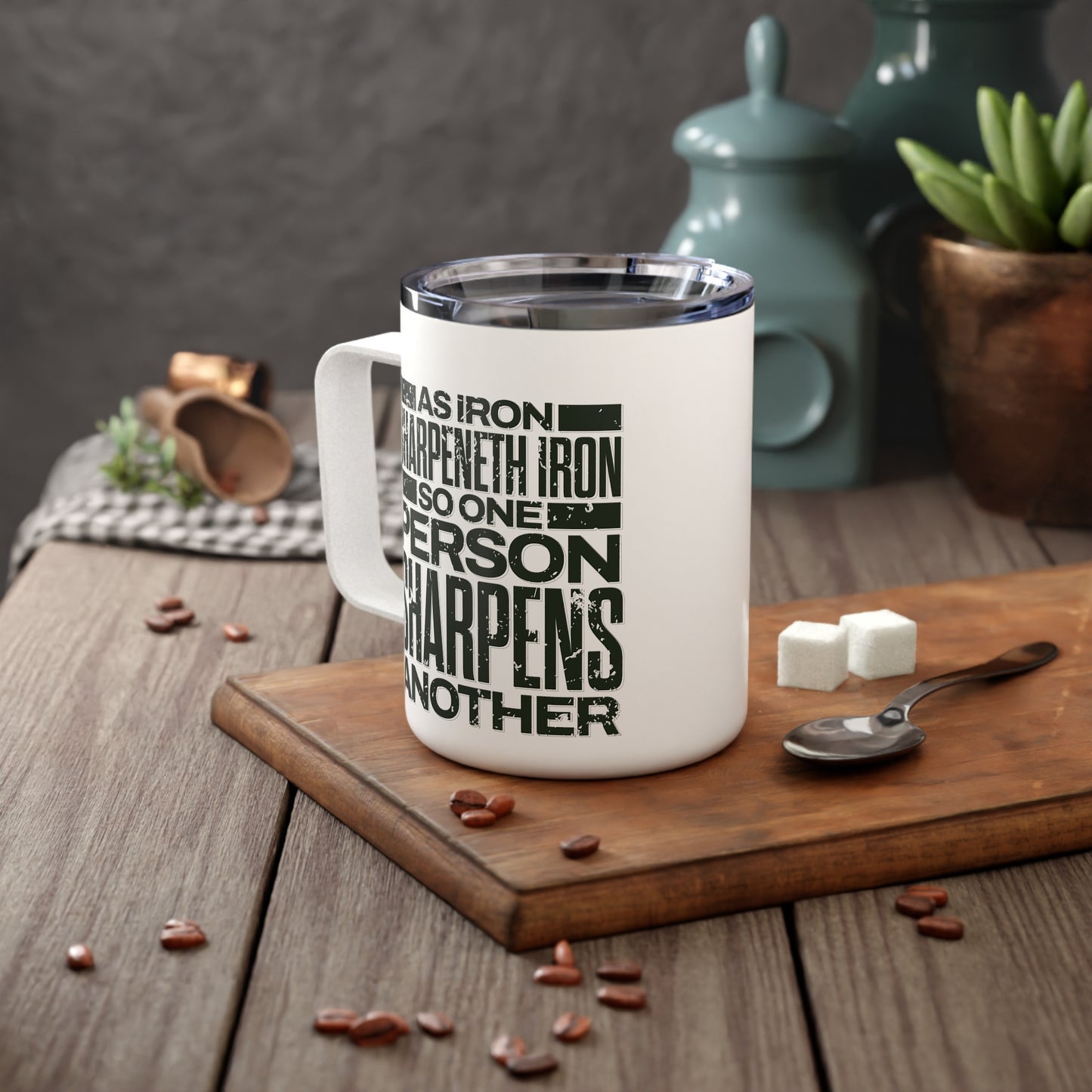 "As Iron Sharpeneth Iron So One Person Sharpens Another" Unisex Insulated Coffee Mug, 10oz - The Shield of Light