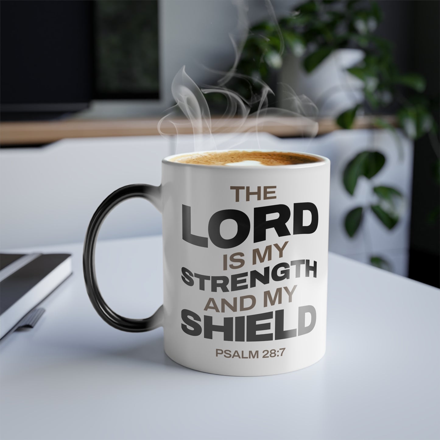 "The Lord Is My Strength and My Shield Psalm 28:7"Unisex 11oz Coffee Color Morphing Mug - The Shield of Light