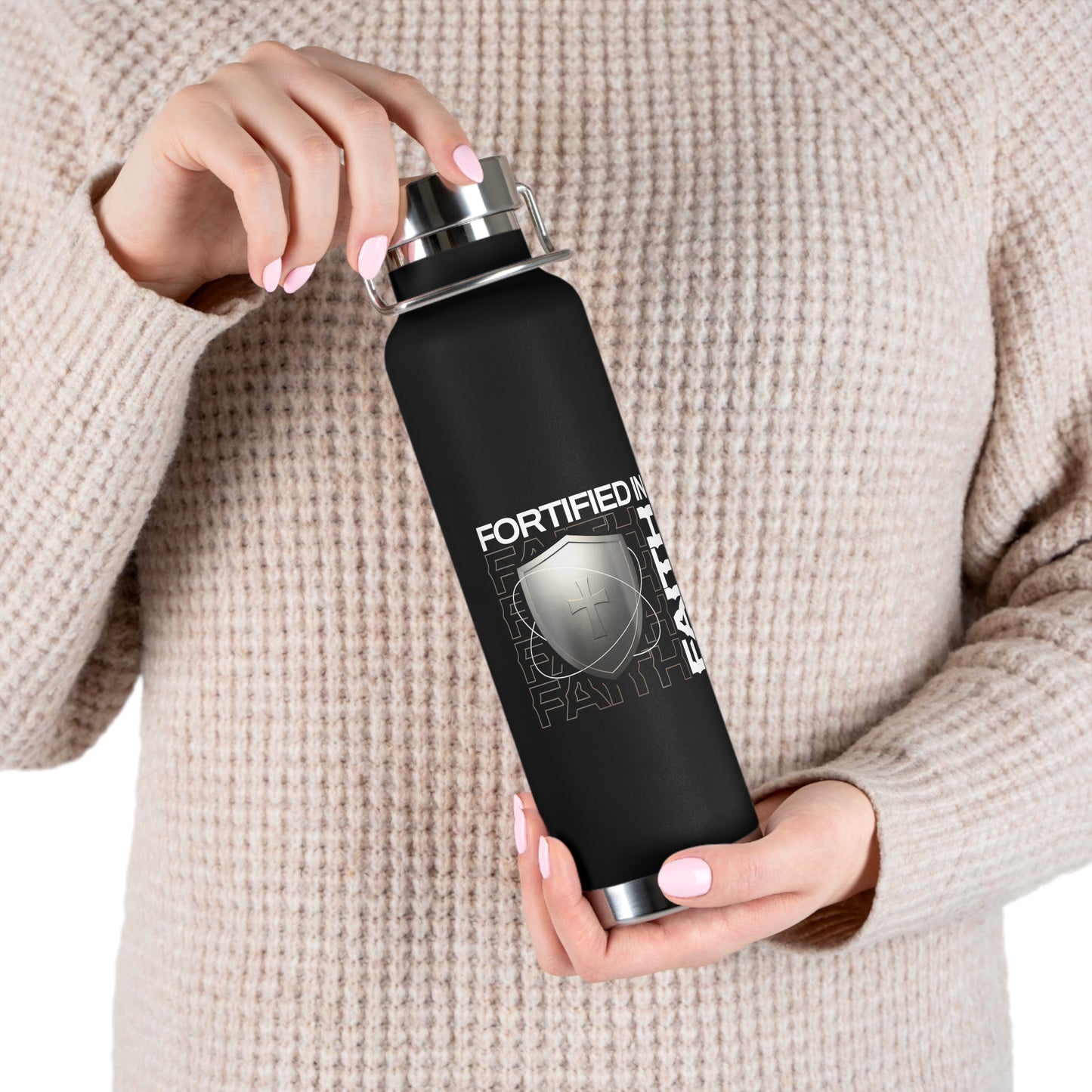 "Fortified In Faith " Unisex Inspirational Copper Vacuum Insulated Bottle - 22oz - The Shield of Light