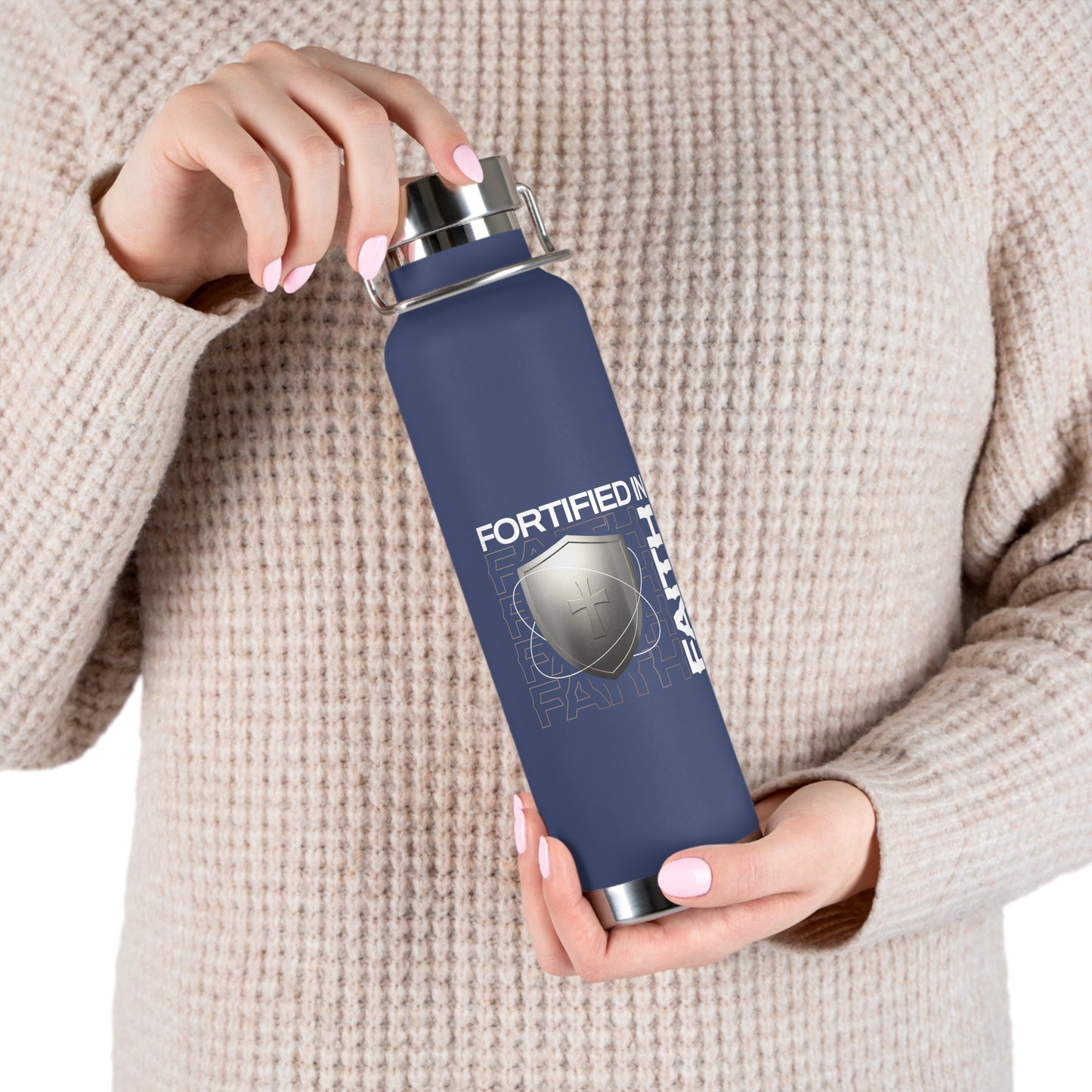 "Fortified In Faith " Unisex Inspirational Copper Vacuum Insulated Bottle - 22oz - The Shield of Light