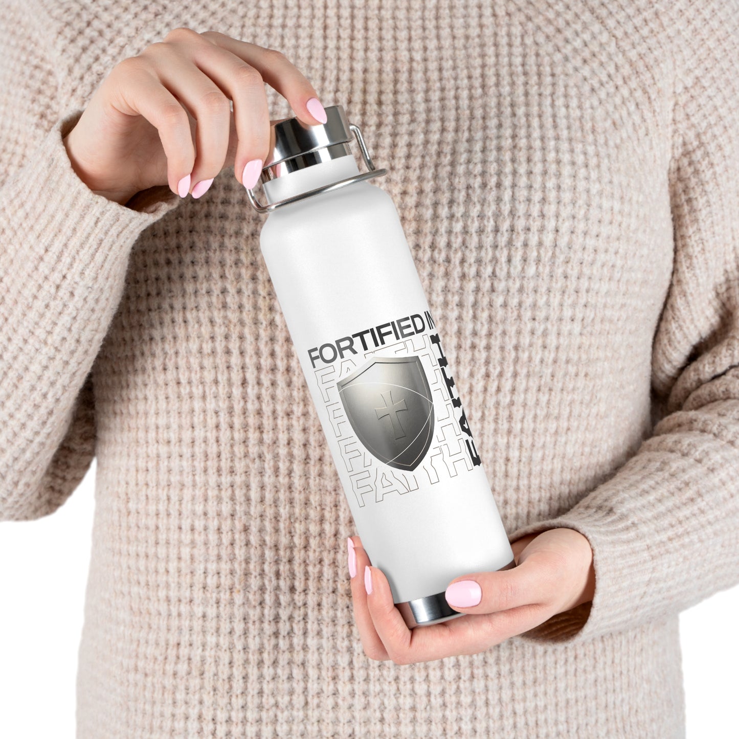 "Fortified In Faith " Unisex Inspirational Copper Vacuum Insulated Bottle - 22oz - The Shield of Light