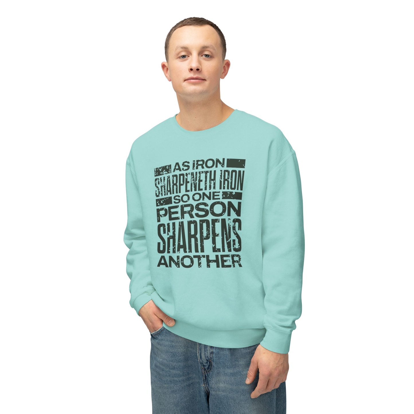 "As Iron Sharpeneth Iron So One Person Sharpens Another" Unisex Lightweight Crewneck Sweatshirt - The Shield of Light