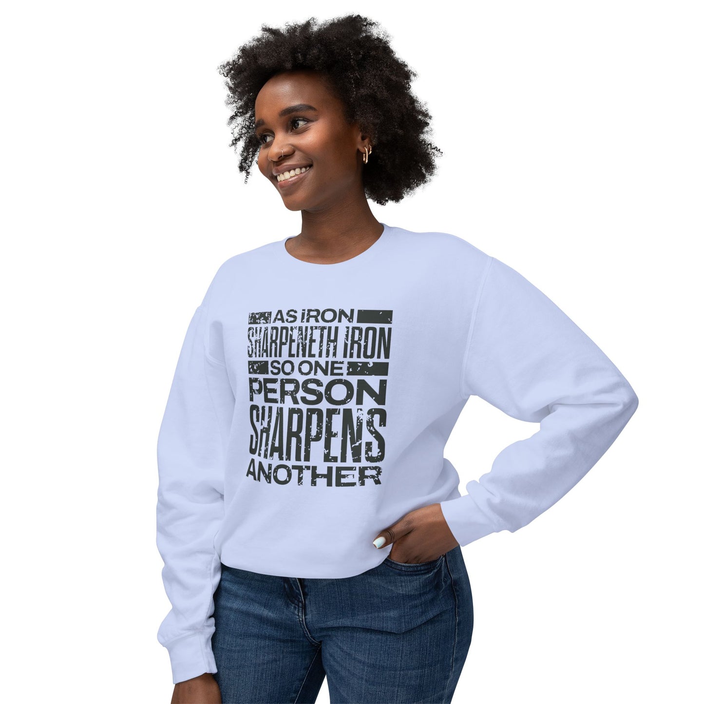 "As Iron Sharpeneth Iron So One Person Sharpens Another" Unisex Lightweight Crewneck Sweatshirt - The Shield of Light