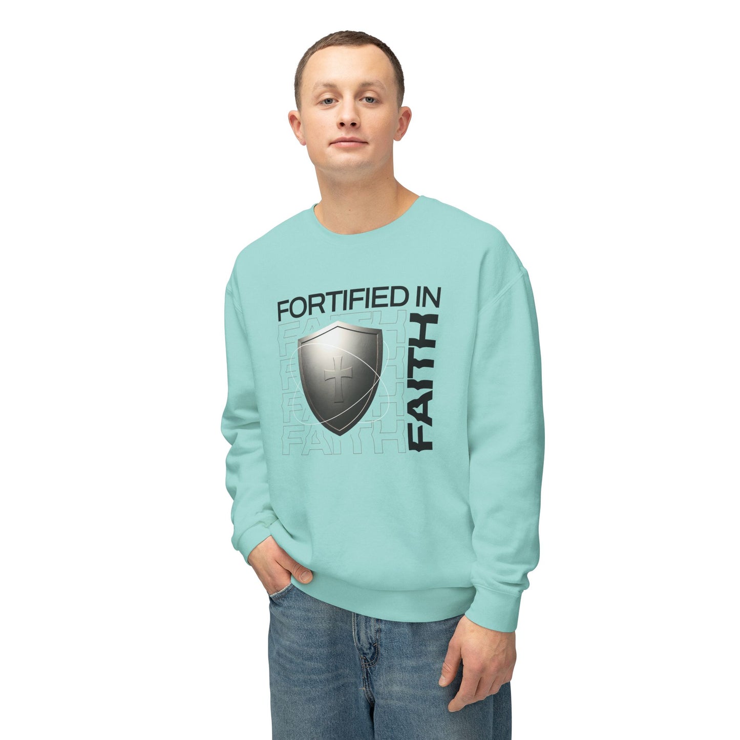 "Fortified In Faith " Unisex Lightweight Crewneck Sweatshirt - The Shield of Light