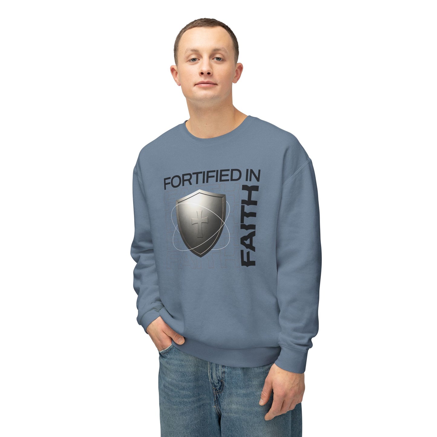 "Fortified In Faith " Unisex Lightweight Crewneck Sweatshirt - The Shield of Light
