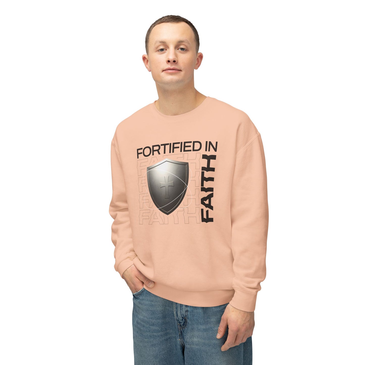 "Fortified In Faith " Unisex Lightweight Crewneck Sweatshirt - The Shield of Light