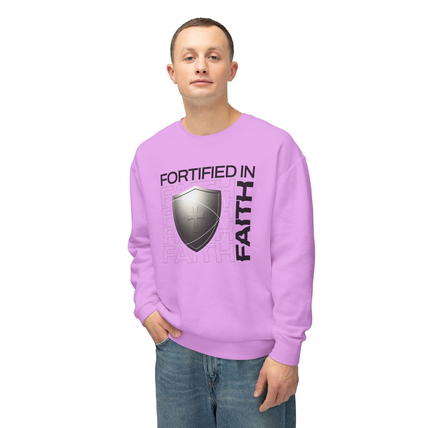 "Fortified In Faith " Unisex Lightweight Crewneck Sweatshirt - The Shield of Light