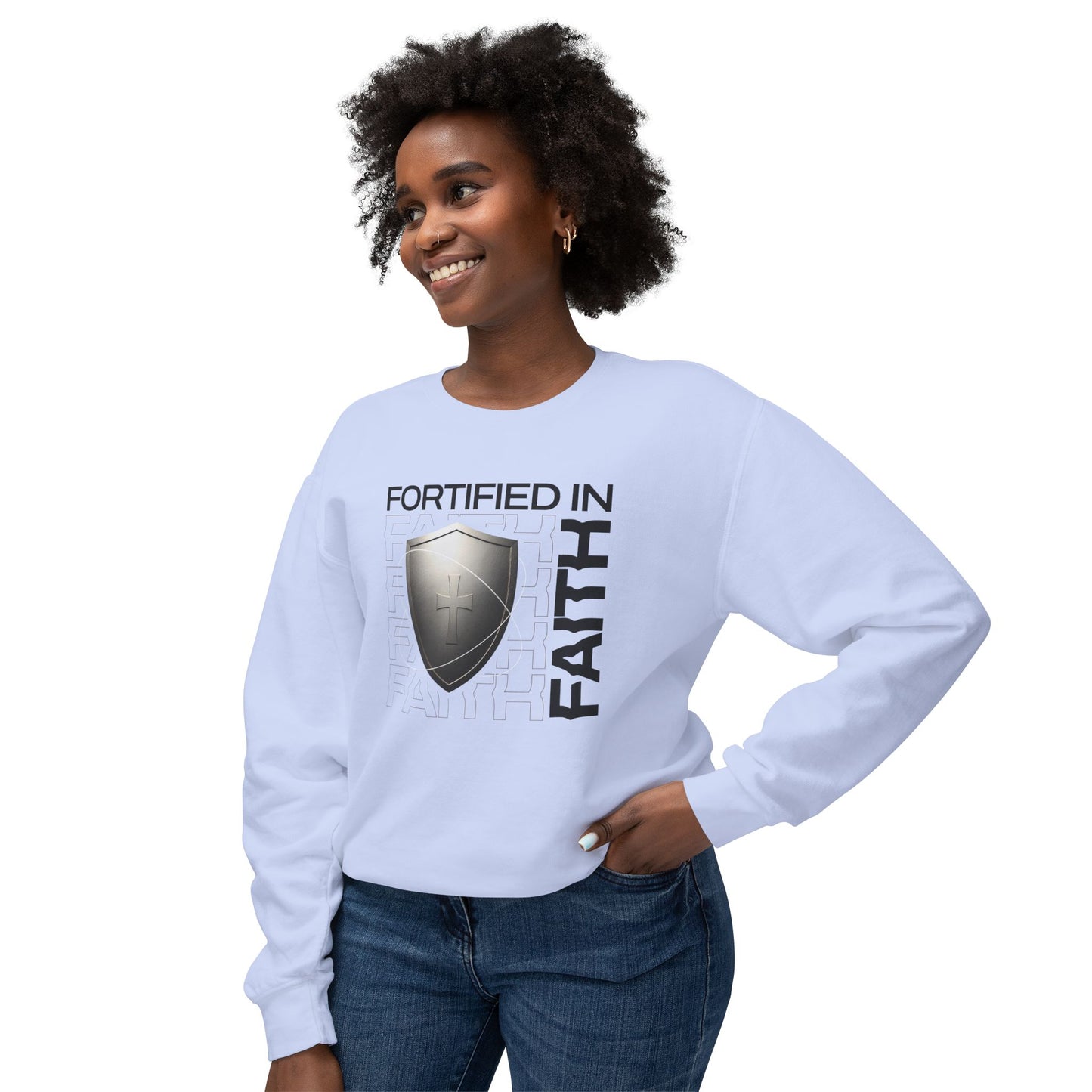"Fortified In Faith " Unisex Lightweight Crewneck Sweatshirt - The Shield of Light