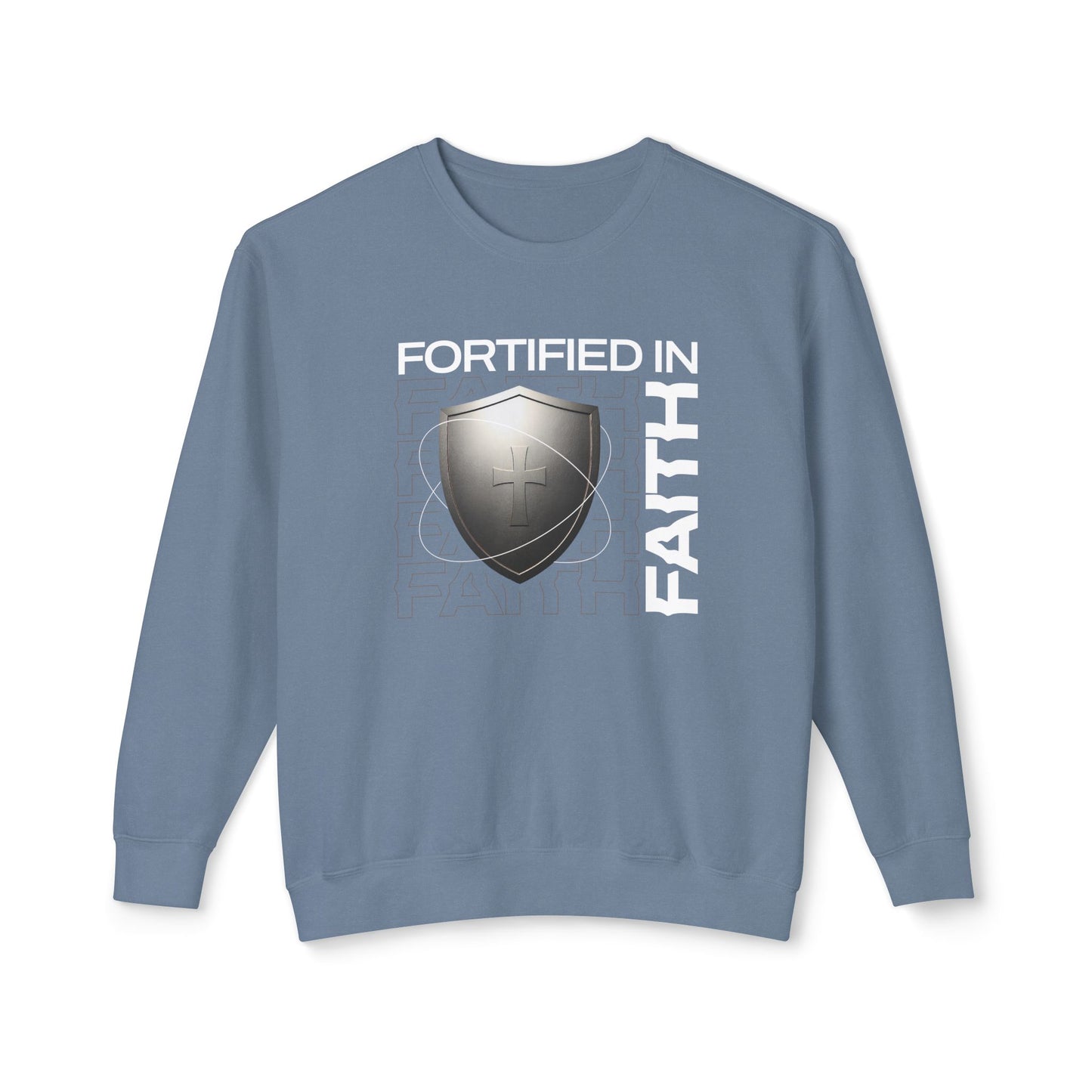 "Fortified In Faith " Unisex Lightweight Crewneck Sweatshirt - The Shield of Light