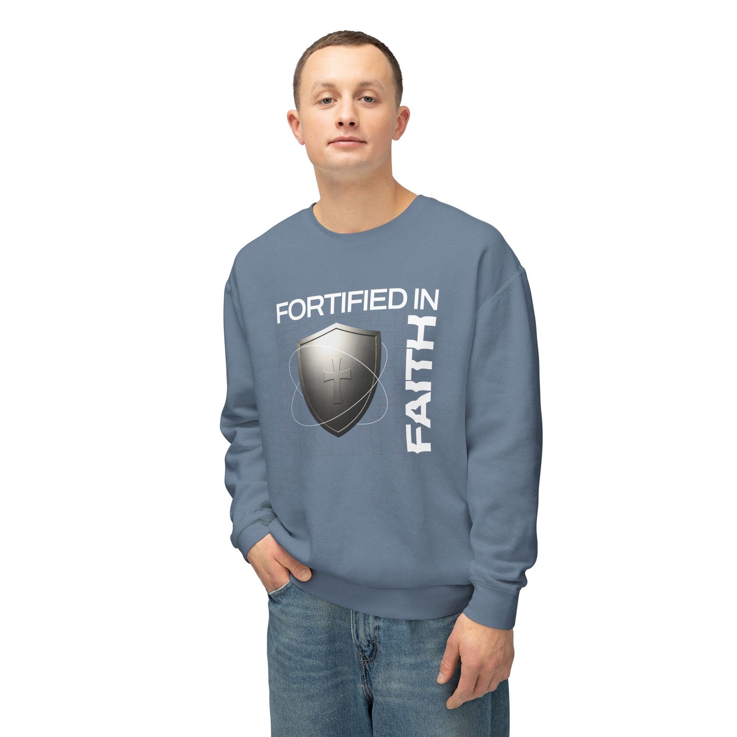 "Fortified In Faith " Unisex Lightweight Crewneck Sweatshirt - The Shield of Light