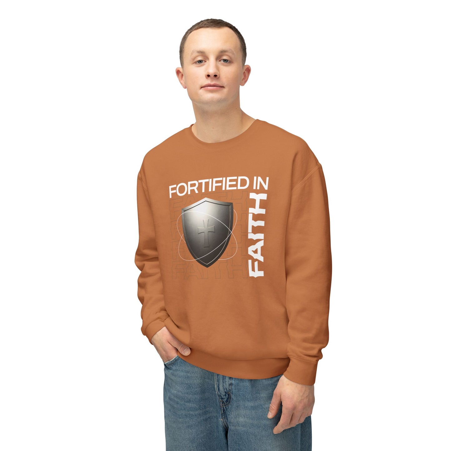 "Fortified In Faith " Unisex Lightweight Crewneck Sweatshirt - The Shield of Light