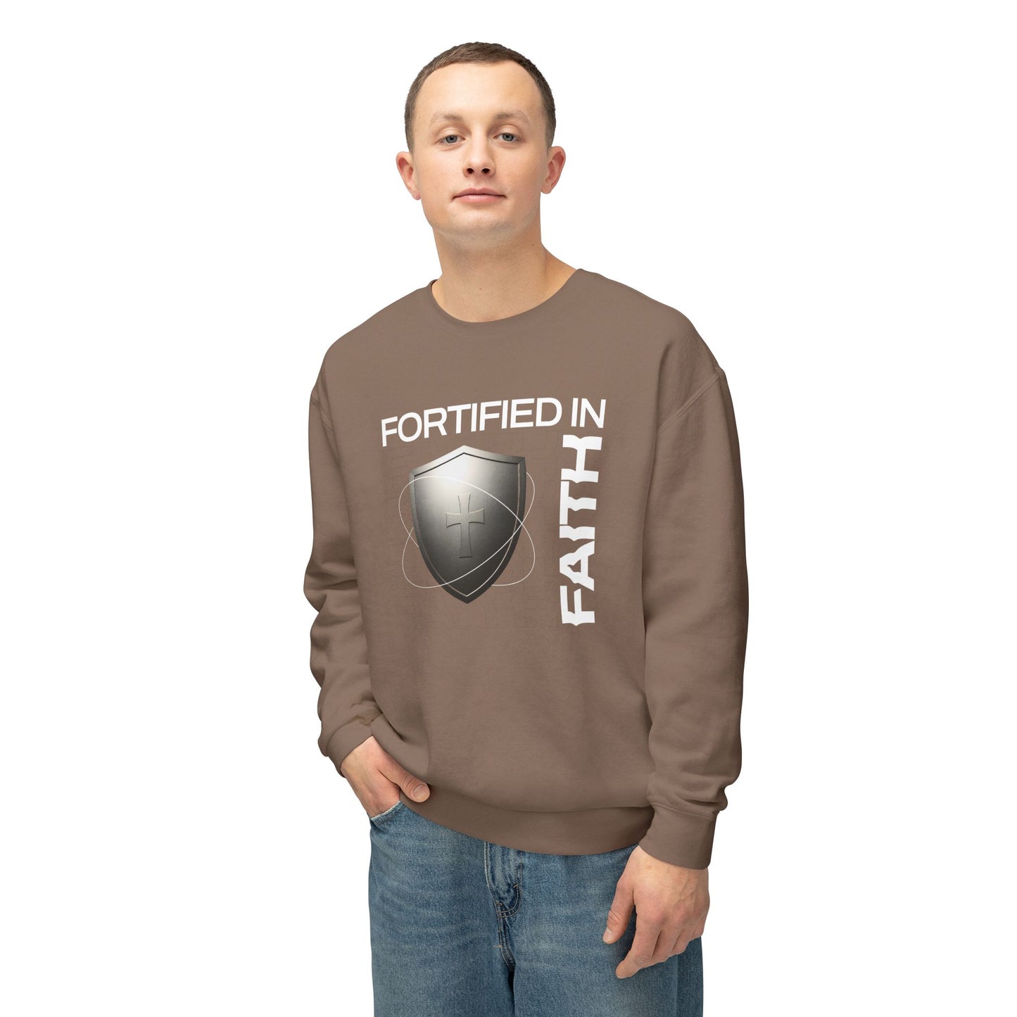 "Fortified In Faith " Unisex Lightweight Crewneck Sweatshirt - The Shield of Light