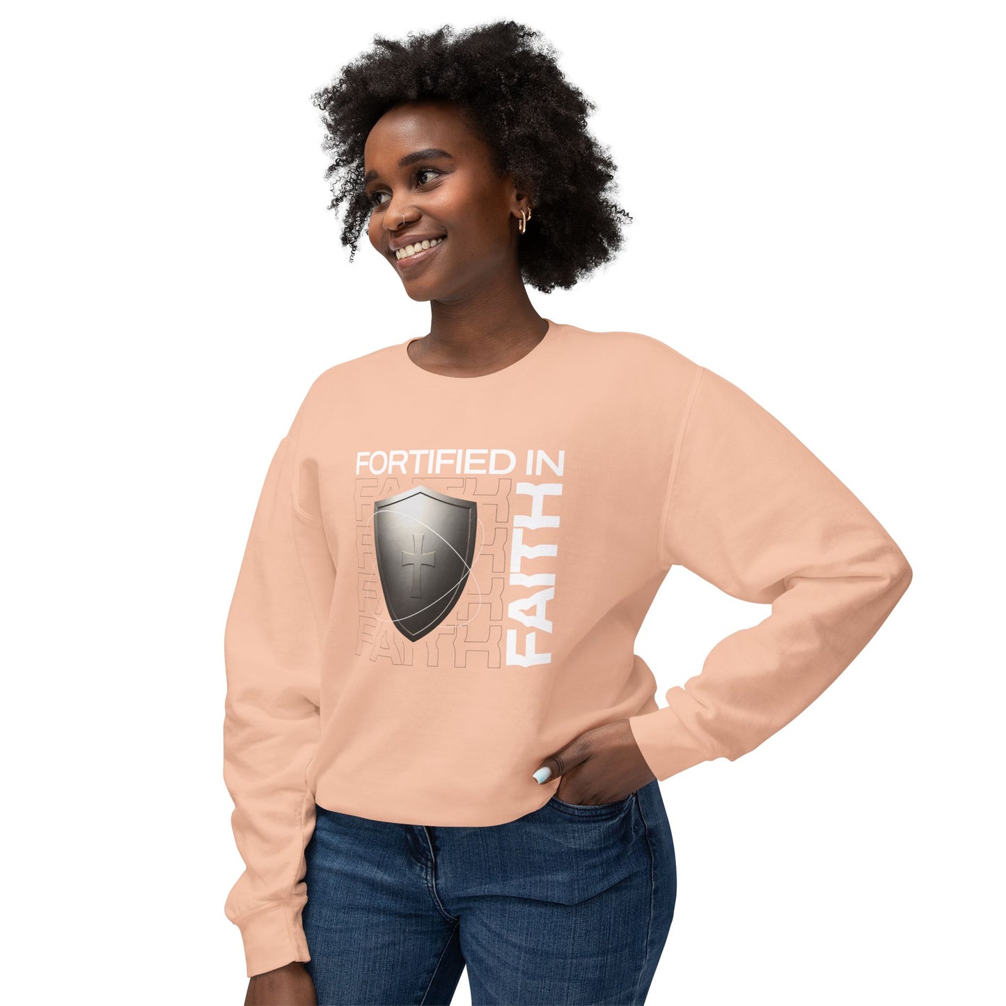 "Fortified In Faith " Unisex Lightweight Crewneck Sweatshirt - The Shield of Light