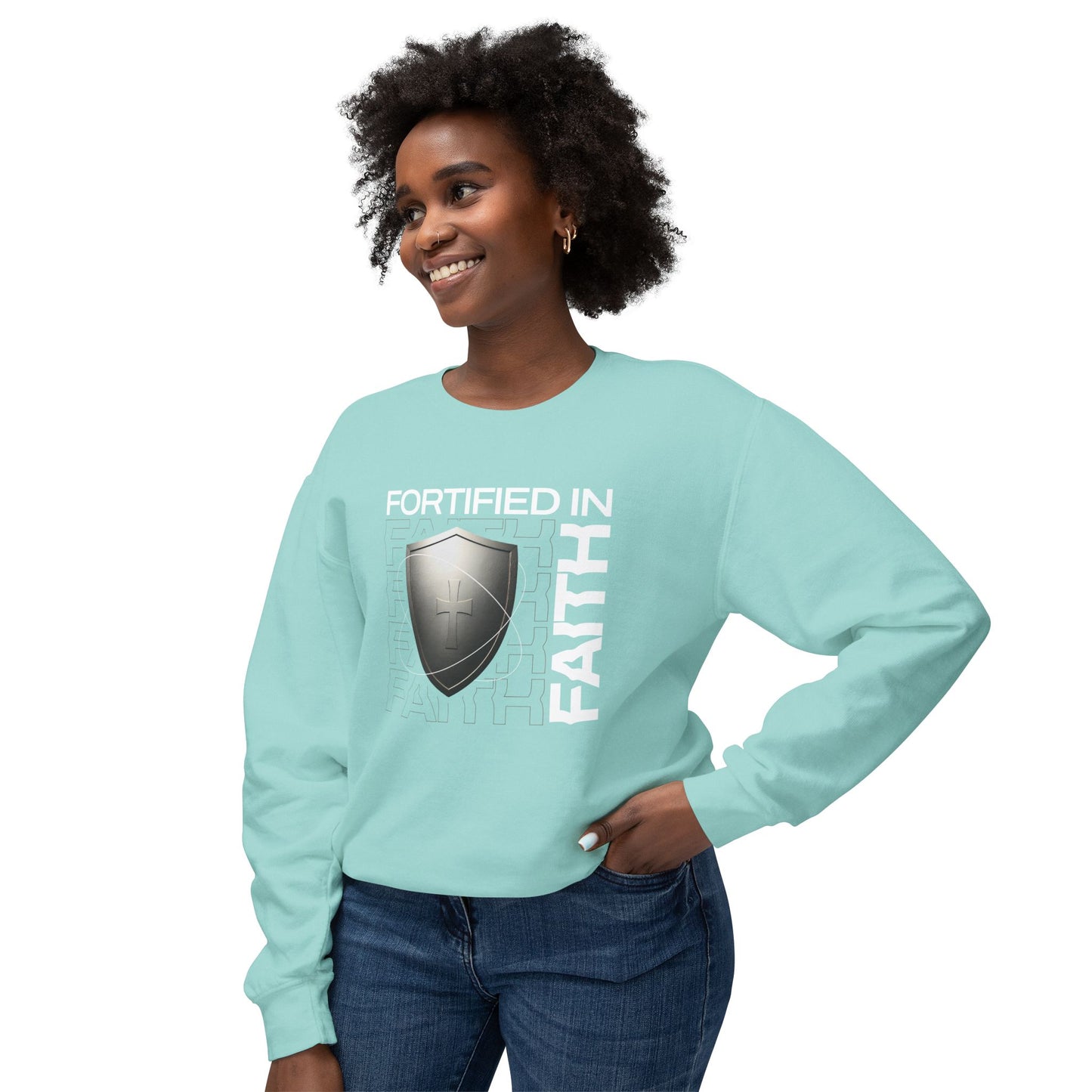 "Fortified In Faith " Unisex Lightweight Crewneck Sweatshirt - The Shield of Light