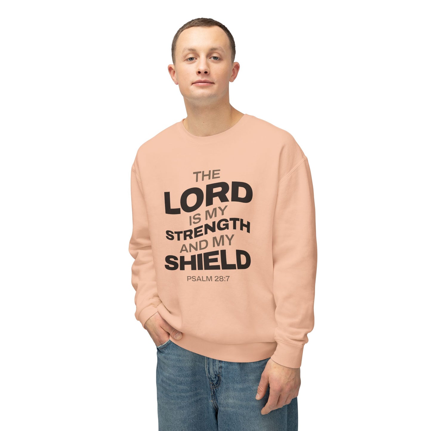 "The Lord Is My Strength and My Shield Psalm 28:7" Unisex Lightweight Crewneck Sweatshirt - The Shield of Light