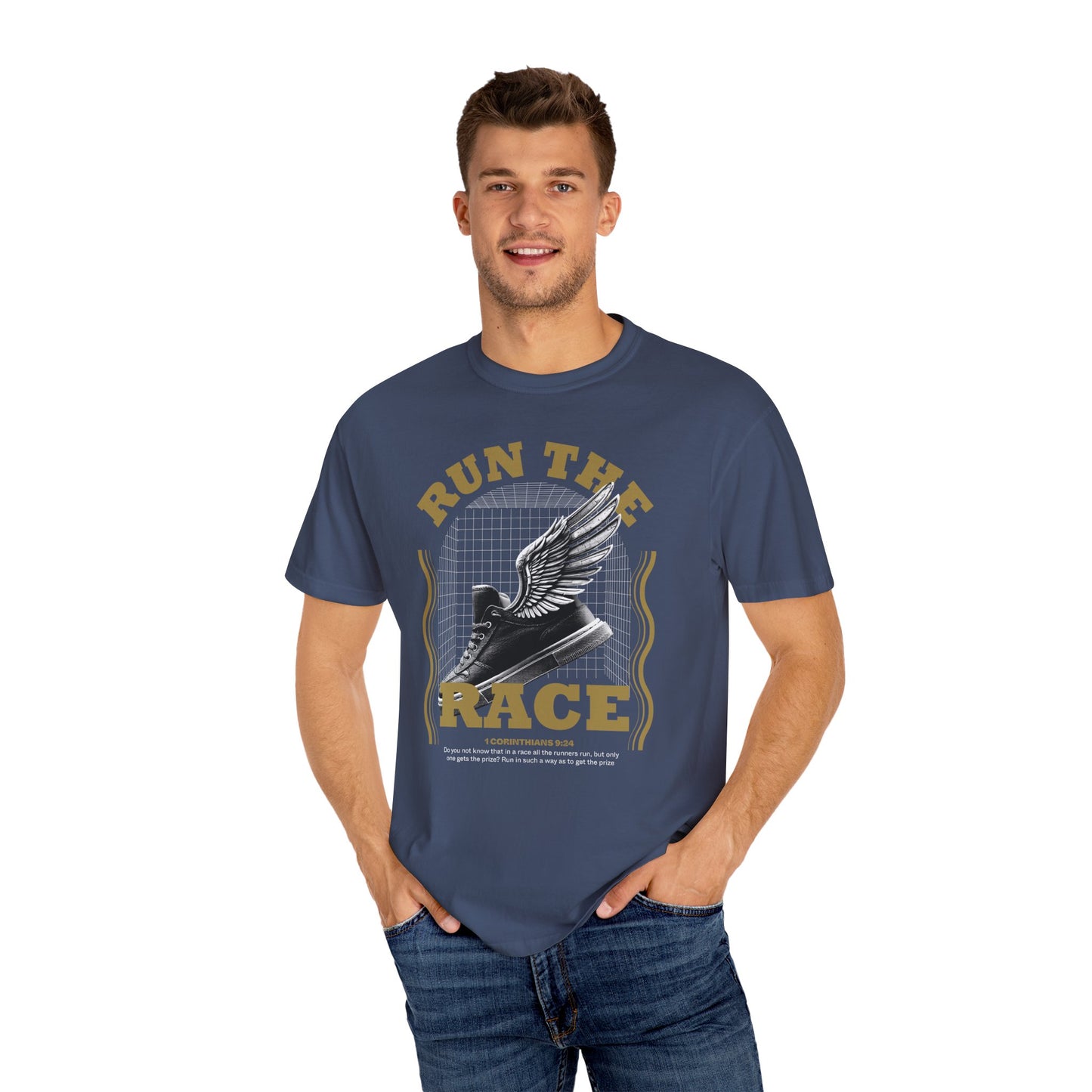"Run The Race" Unisex Garment-Dyed T-Shirt - The Shield of Light