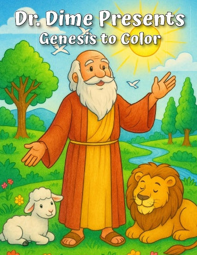 Front cover of Dr. Dime Presents Genesis To Color, the first book in the Bible coloring series
