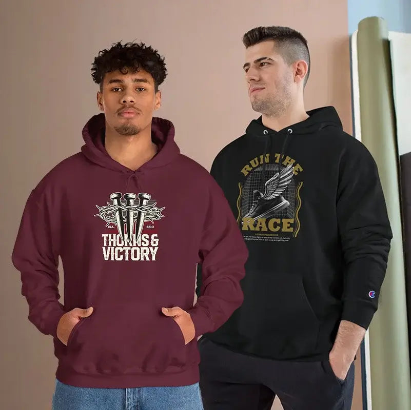 Two men wearing hoodies with visible branding and graphics.