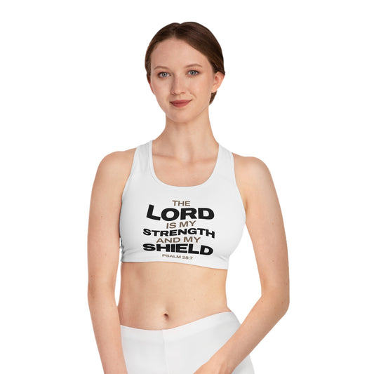 "The Lord Is My Strength and My Shield Psalm 28:7" Unisex Sports Bra - The Shield of Light