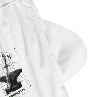 "Forged In Strength" Unisex Basketball Rib Shorts - The Shield of Light