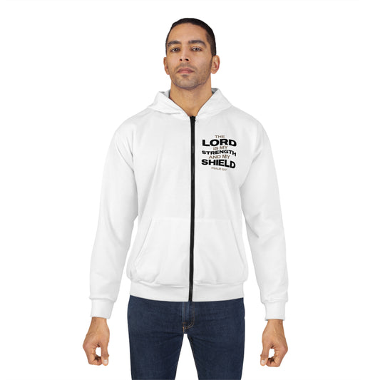 "The Lord Is My Strength and My Shield Psalm 28:7" Unisex Zip Hoodie - The Shield of Light