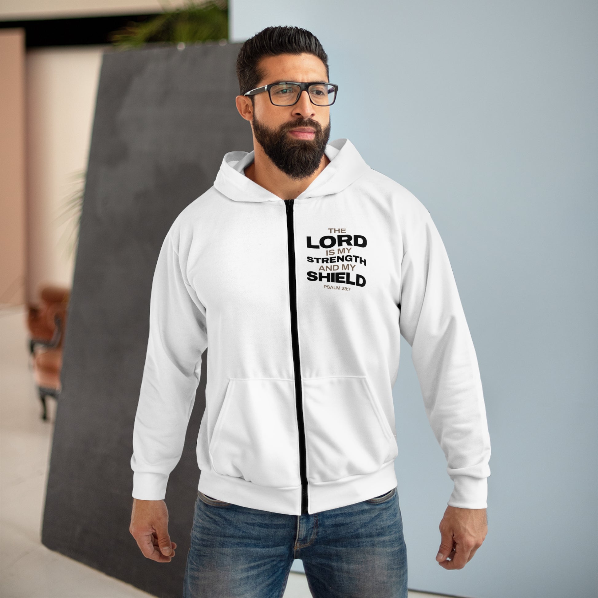 "The Lord Is My Strength and My Shield Psalm 28:7" Unisex Zip Hoodie - The Shield of Light