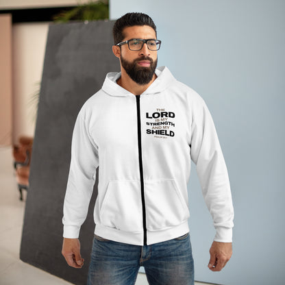 "The Lord Is My Strength and My Shield Psalm 28:7" Unisex Zip Hoodie - The Shield of Light
