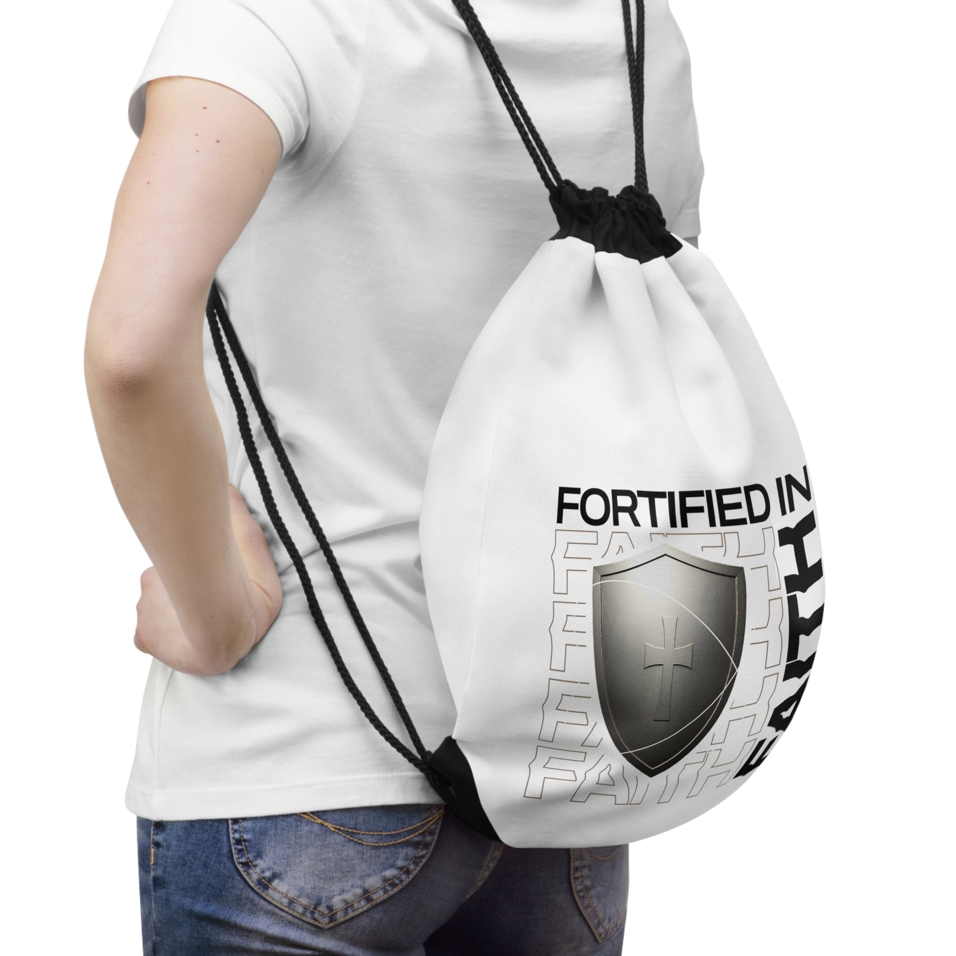 Fortified in Faith Drawstring Bag - The Shield of Light
