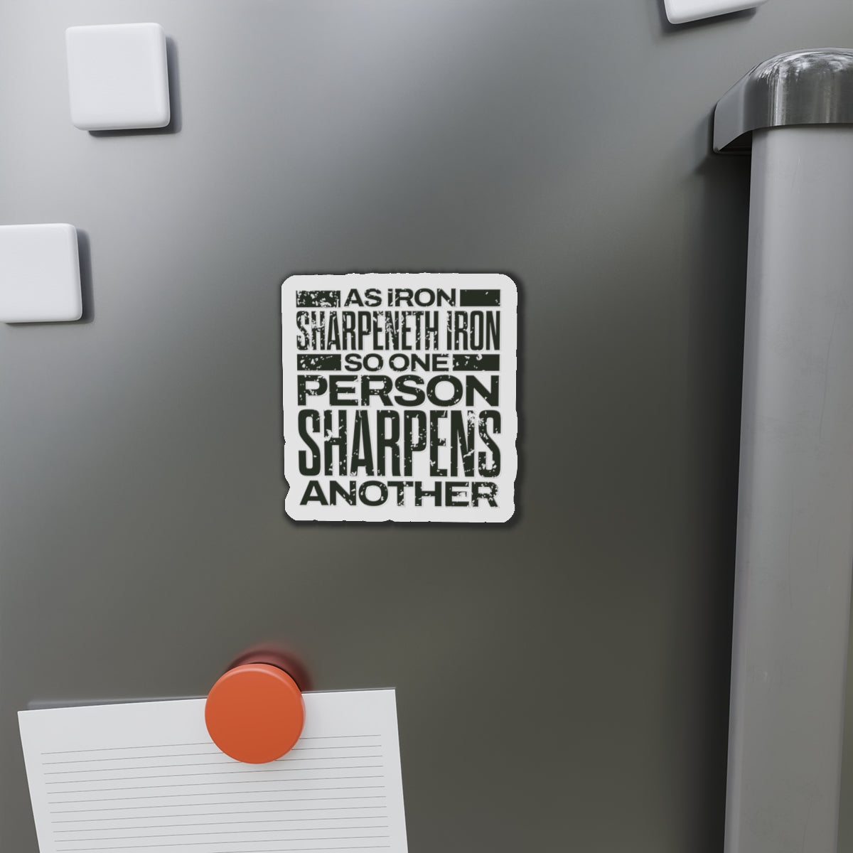 "As Iron Sharpeneth Iron So One Person Sharpens Another" Unisex Inspirational Die-Cut Magnet - The Shield of Light