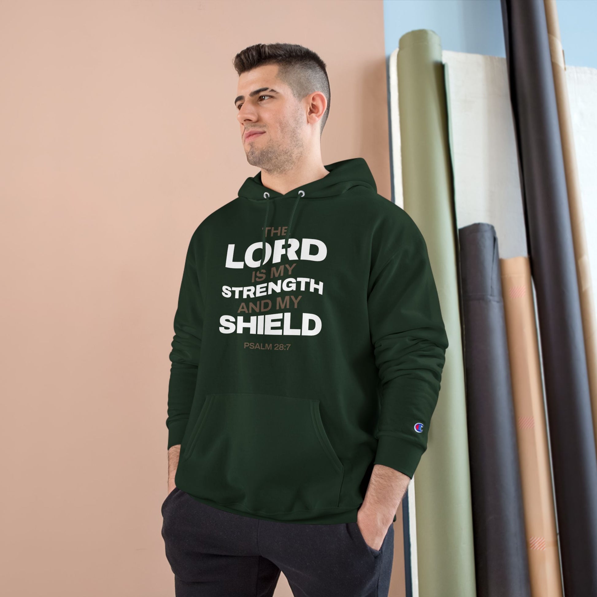 "The Lord Is My Strength and My Shield Psalm 28:7" Inspirational Champion Hoodie - The Shield of Light
