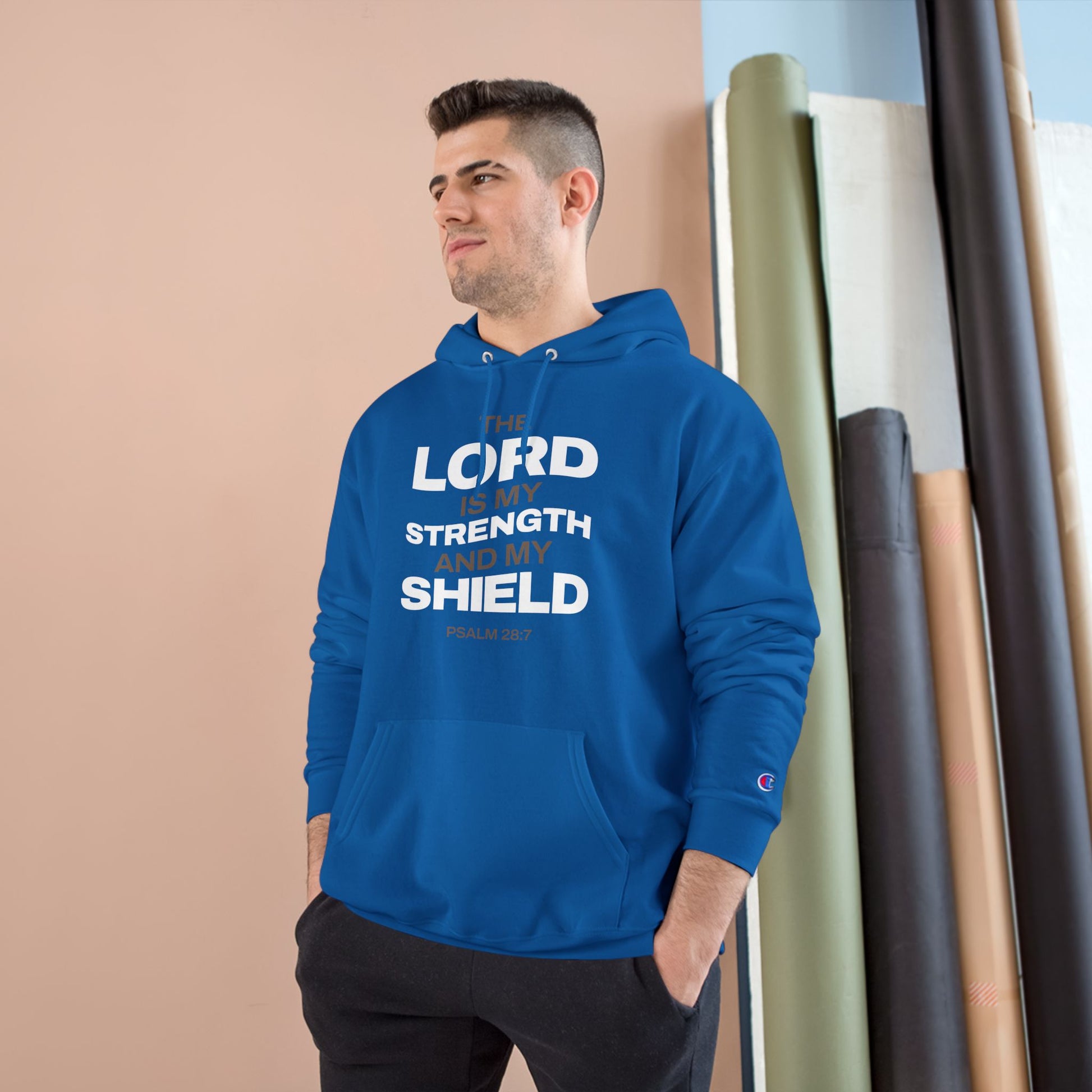 "The Lord Is My Strength and My Shield Psalm 28:7" Inspirational Champion Hoodie - The Shield of Light