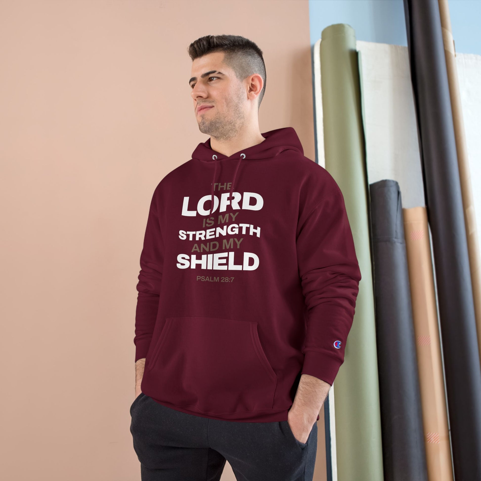"The Lord Is My Strength and My Shield Psalm 28:7" Inspirational Champion Hoodie - The Shield of Light