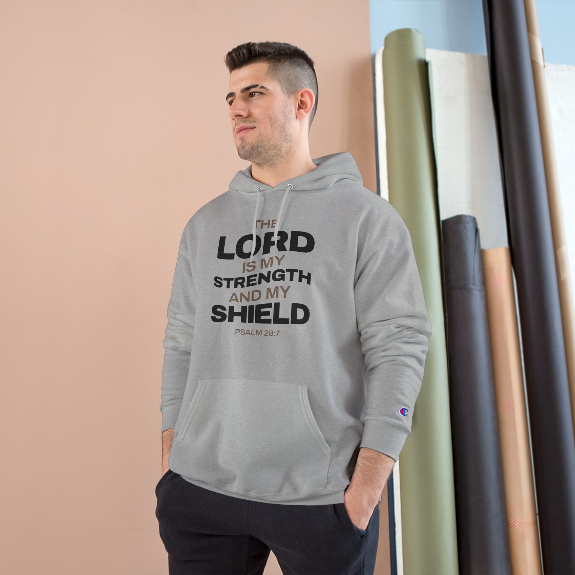 "The Lord Is My Strength and My Shield Psalm 28:7" Inspirational Champion Hoodie - The Shield of Light