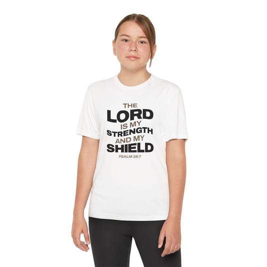 "The Lord Is My Strength and My Shield Psalm 28:7" Unisex Youth Competitor Tee - The Shield of Light