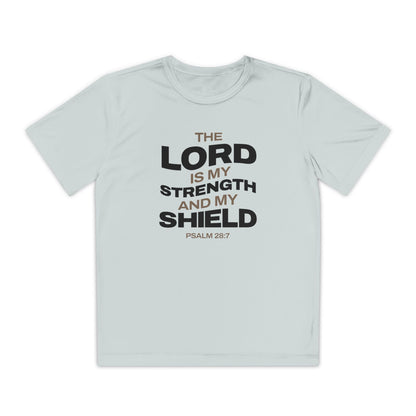 "The Lord Is My Strength and My Shield Psalm 28:7" Unisex Youth Competitor Tee - The Shield of Light