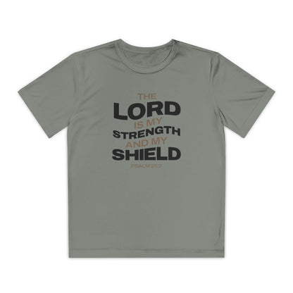 "The Lord Is My Strength and My Shield Psalm 28:7" Unisex Youth Competitor Tee - The Shield of Light