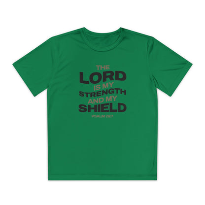 "The Lord Is My Strength and My Shield Psalm 28:7" Unisex Youth Competitor Tee - The Shield of Light