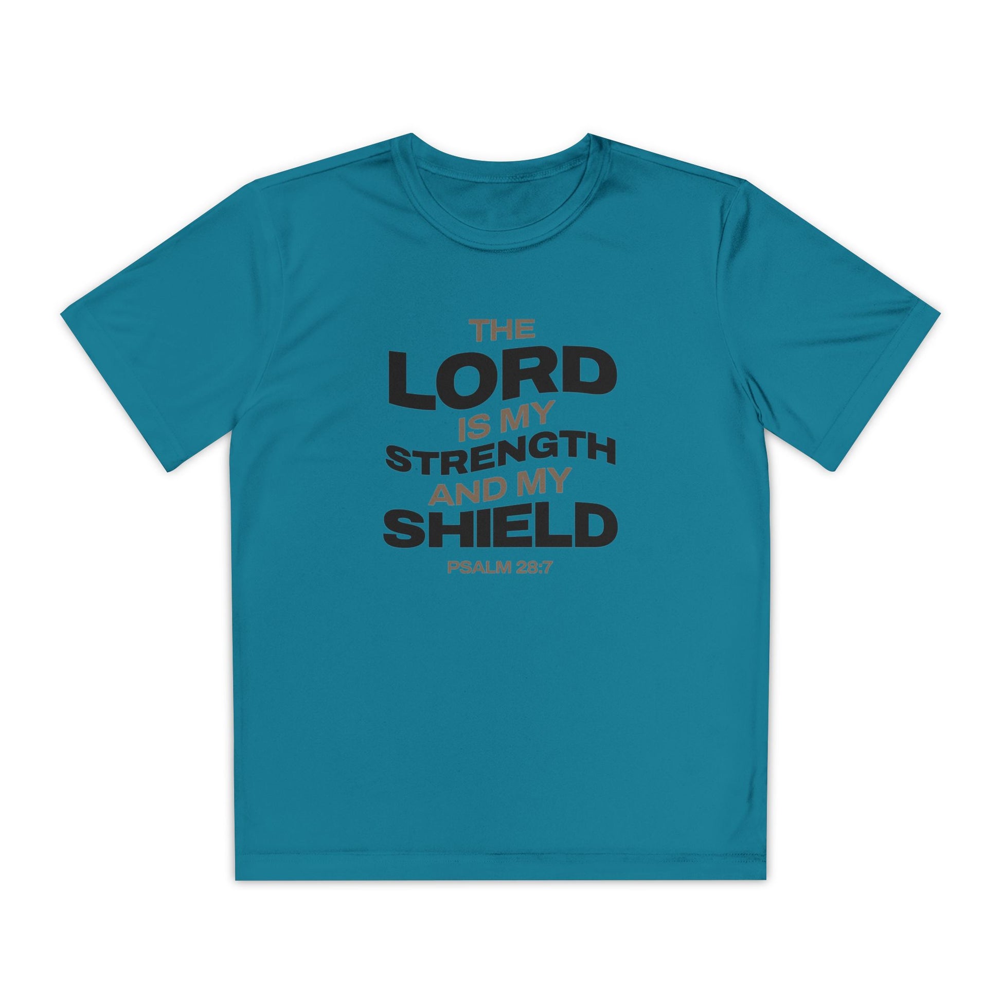 "The Lord Is My Strength and My Shield Psalm 28:7" Unisex Youth Competitor Tee - The Shield of Light