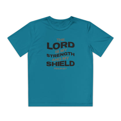 "The Lord Is My Strength and My Shield Psalm 28:7" Unisex Youth Competitor Tee - The Shield of Light