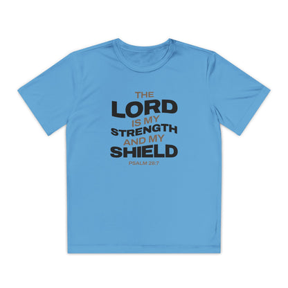 "The Lord Is My Strength and My Shield Psalm 28:7" Unisex Youth Competitor Tee - The Shield of Light