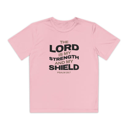 "The Lord Is My Strength and My Shield Psalm 28:7" Unisex Youth Competitor Tee - The Shield of Light