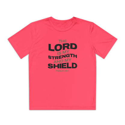 "The Lord Is My Strength and My Shield Psalm 28:7" Unisex Youth Competitor Tee - The Shield of Light