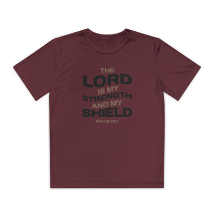 "The Lord Is My Strength and My Shield Psalm 28:7" Unisex Youth Competitor Tee - The Shield of Light