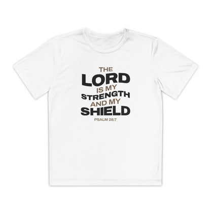 "The Lord Is My Strength and My Shield Psalm 28:7" Unisex Youth Competitor Tee - The Shield of Light
