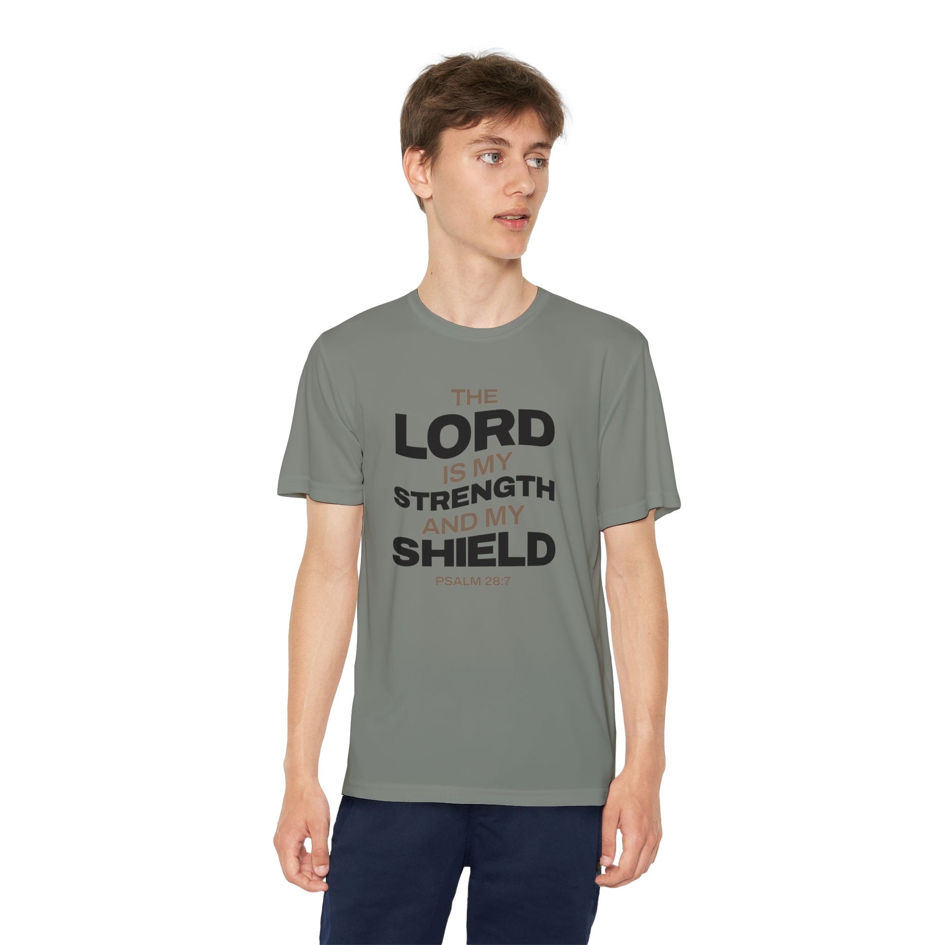 "The Lord Is My Strength and My Shield Psalm 28:7" Unisex Youth Competitor Tee - The Shield of Light