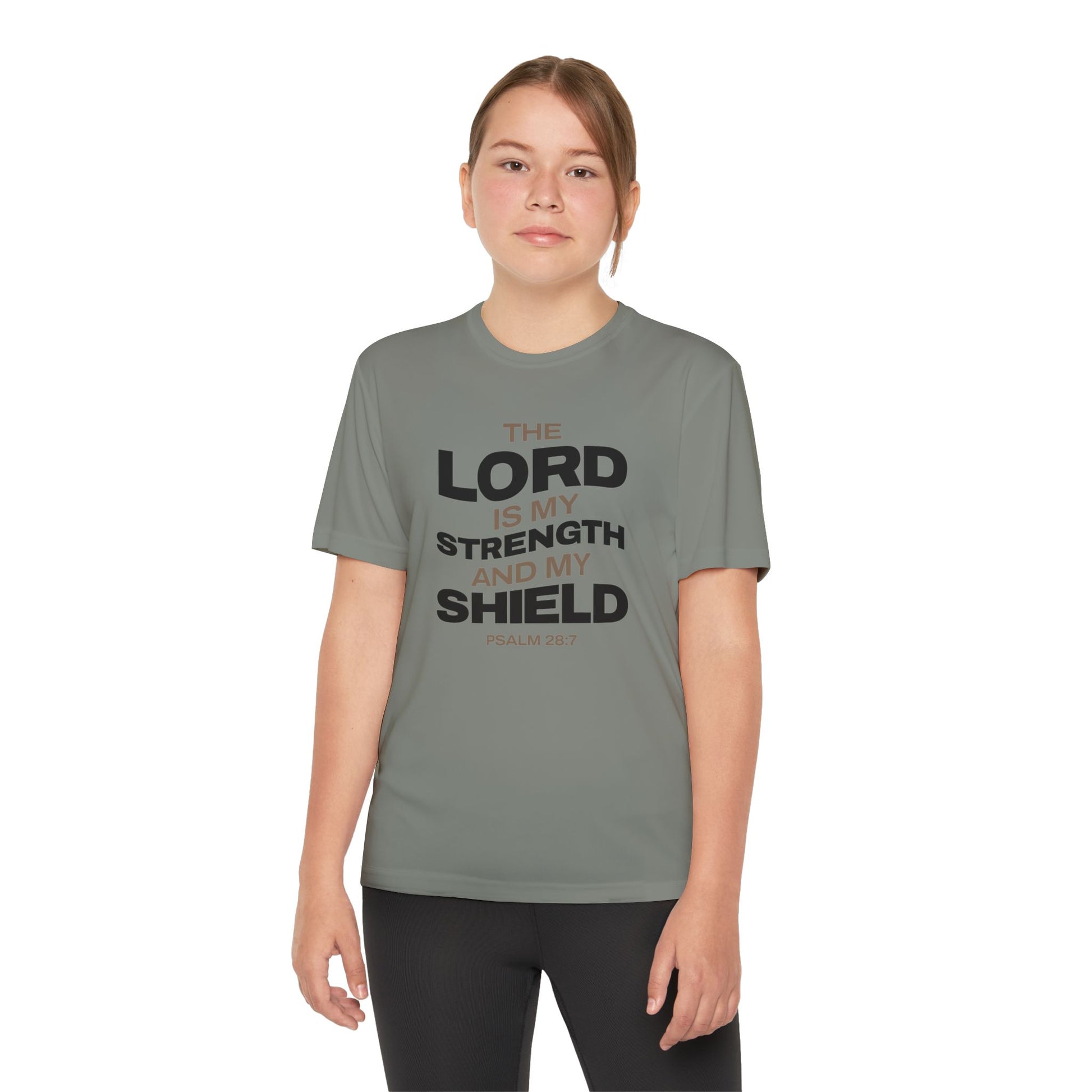 "The Lord Is My Strength and My Shield Psalm 28:7" Unisex Youth Competitor Tee - The Shield of Light